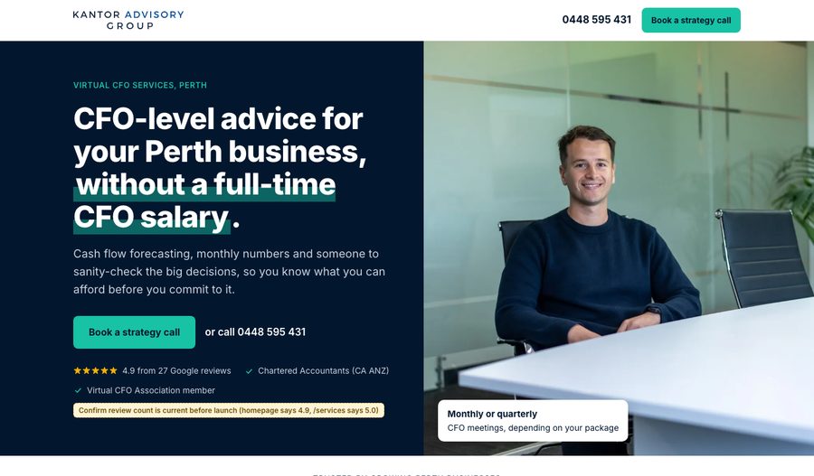 Preview of the Virtual CFO Perth landing page
